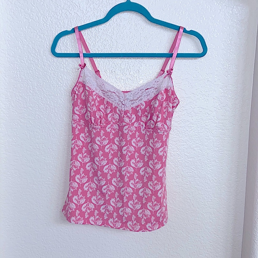 |vintage|y2k|skater| pinky floral, lace trimmed cami with little pink bows💕